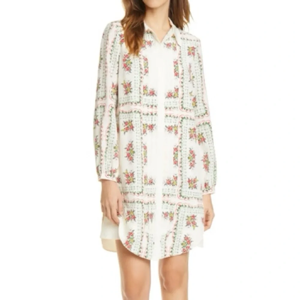 Tory Burch long sleeve‎ pleated garden veil floral silk shirt dress in cream